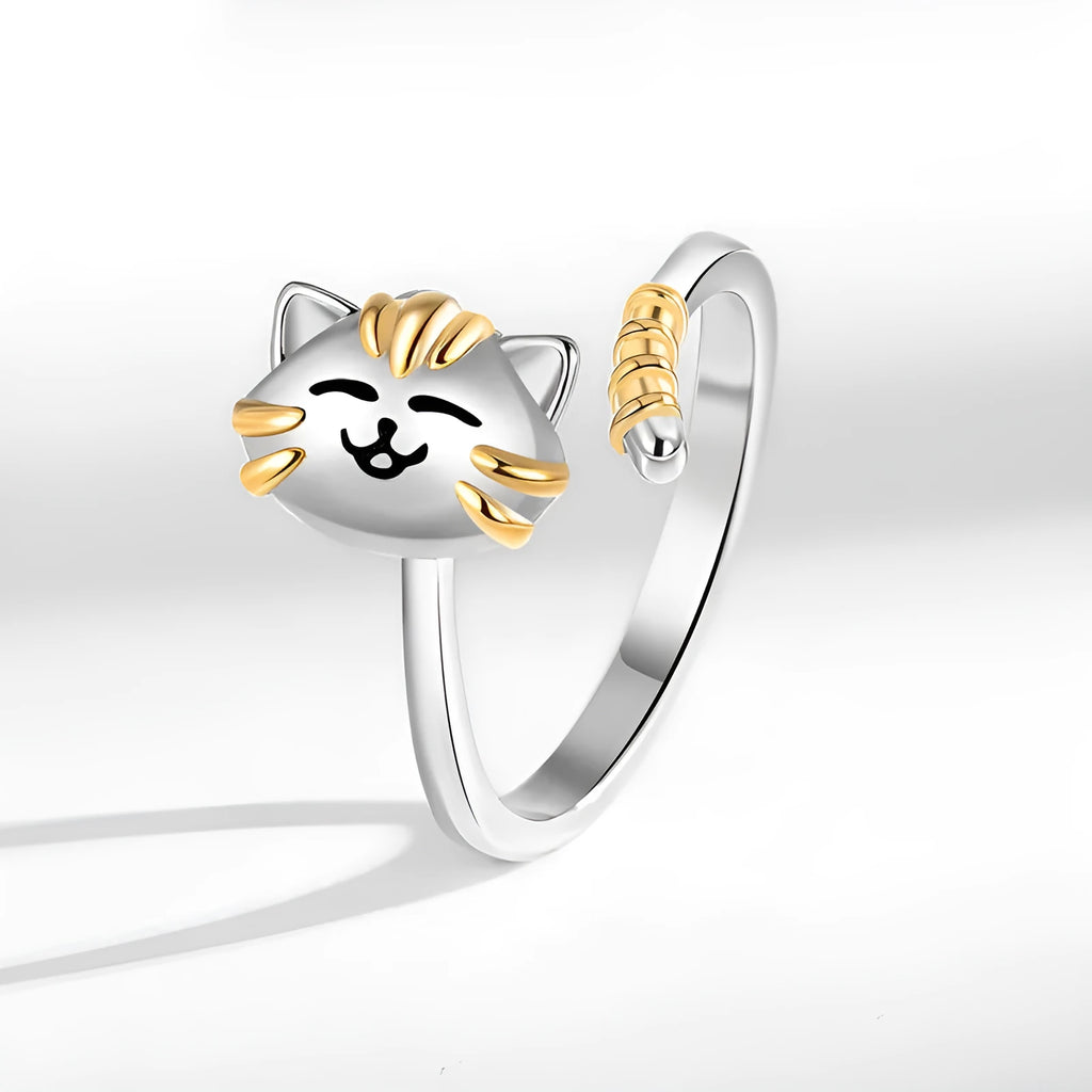 Adjustable cat ring for women in white gold colour copper with open band and cartoon cat design