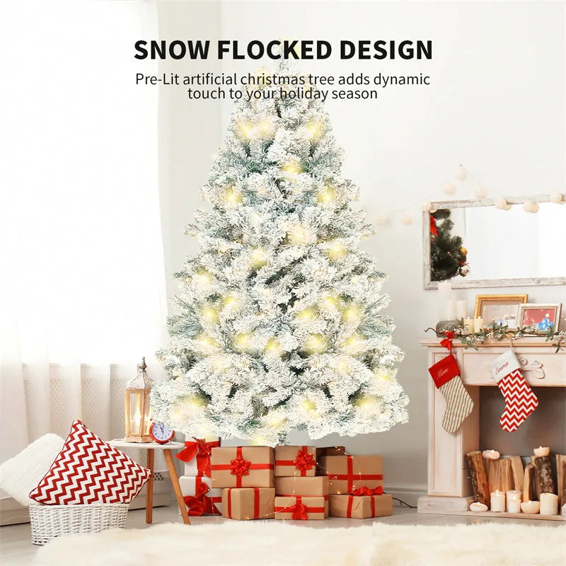 PVC artificial snow Christmas tree with green and white decoration on metal stand