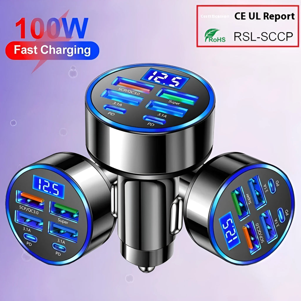 Black six-port 27W car charger with digital display and PD ports for vehicle cigarette lighter