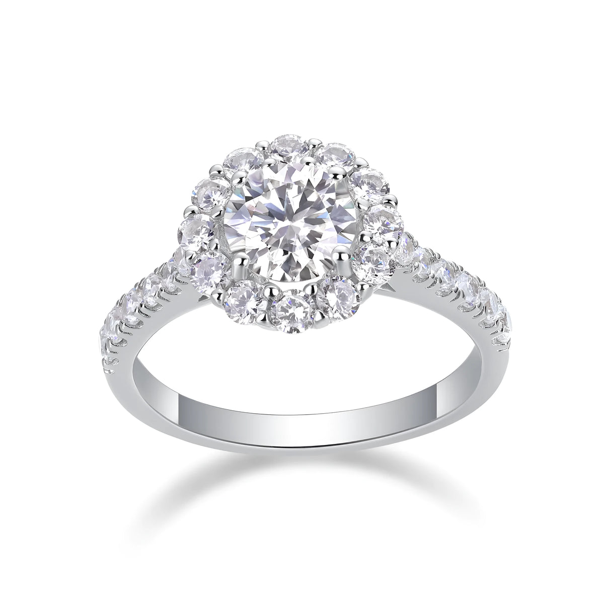 1-carat moissanite wedding ring set in S925 silver with platinum plating on white background