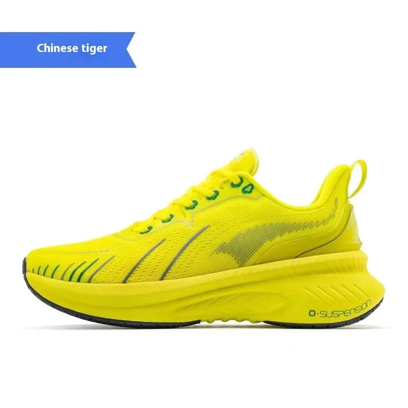 Low-top running sneakers in multiple colours with a striped pattern, PU mesh upper, and rubber sole.