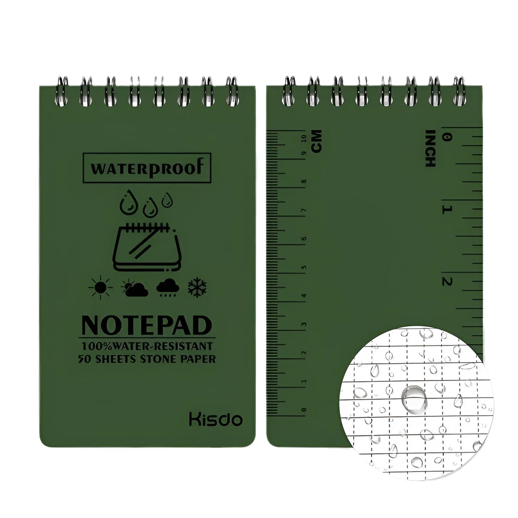A5 spiral-bound waterproof notepad with stone paper, shown in camouflage colour option.