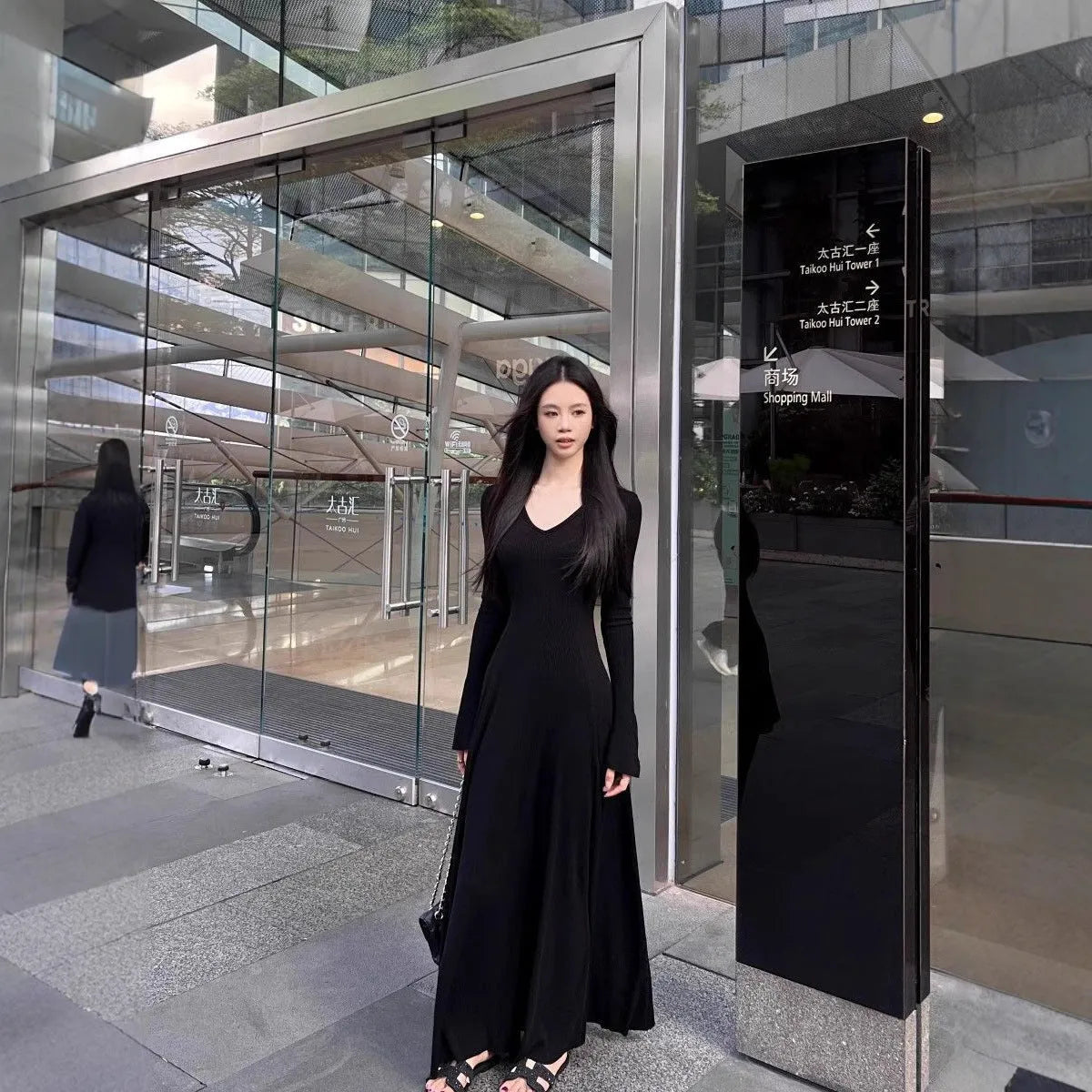 Knitted women's autumn winter dress with high-waist, hood, long sleeves, solid colour mid-length