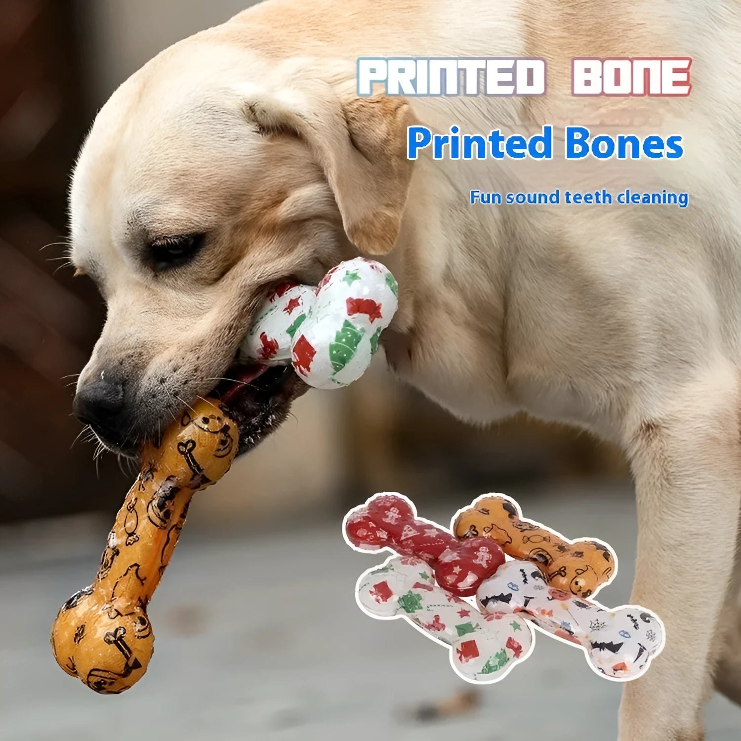 Printed bone-shaped dog toy with squeaker in seasonal Christmas red and Halloween pumpkin colours