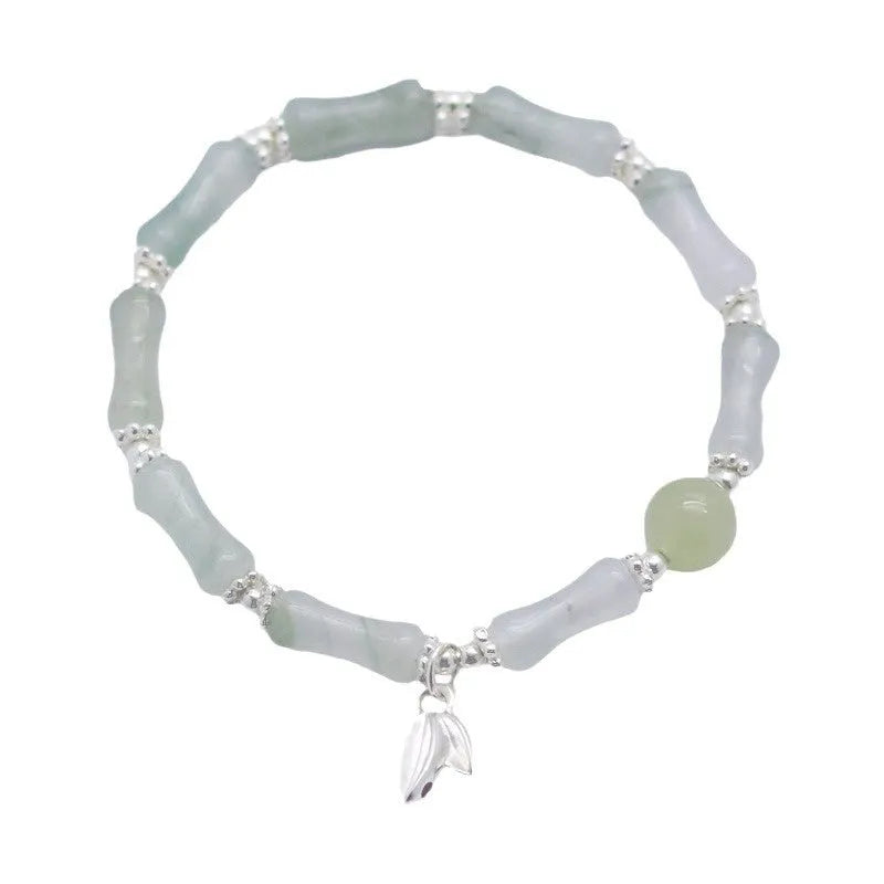 Natural Tianshan green bamboo sterling silver bracelet for women with antique style.