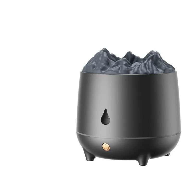 Volcano-shaped ultrasonic humidifier in black with visible mist output, suitable for 10-20 square metre rooms