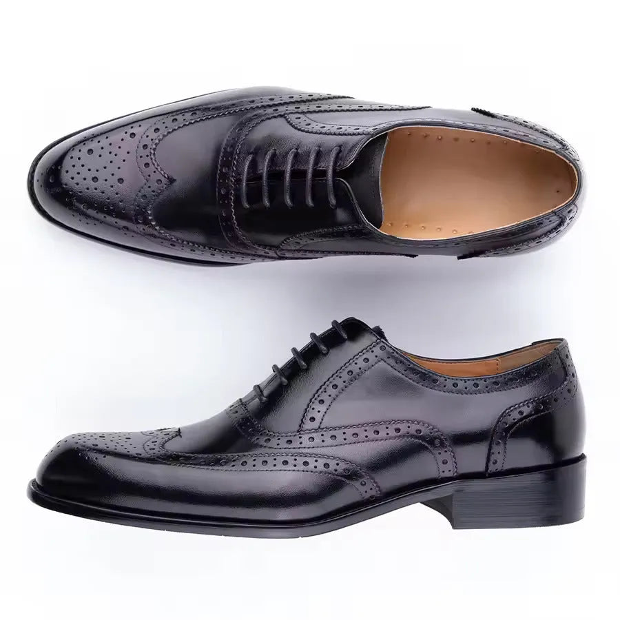 Men's purple Oxford shoes with hand-carved leather detailing and pointed toe