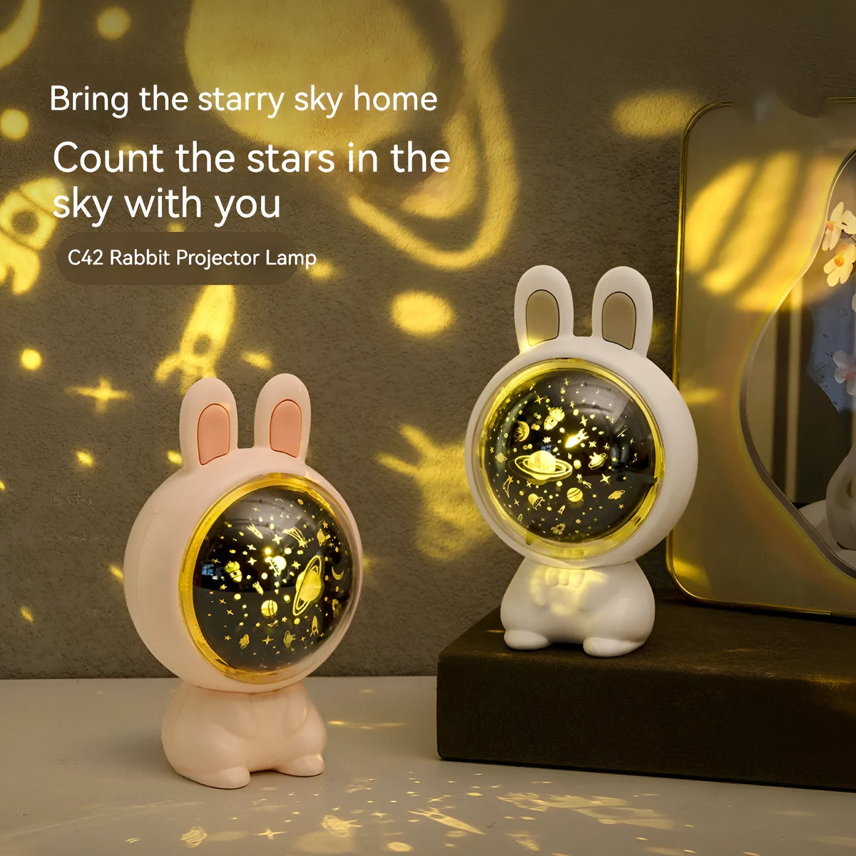Rabbit star light projector lamp in pink or white, USB rechargeable, 110x93x121mm, for children's bedroom decor