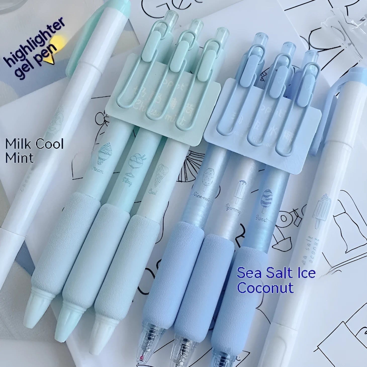 Four double-headed calligraphy and highlighter pens with 0.5mm sponge tips in mint and blue colours.