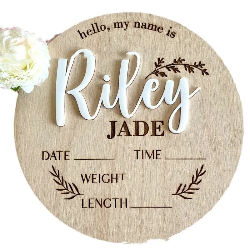 15cm square wooden baby birth name label with space for newborn information