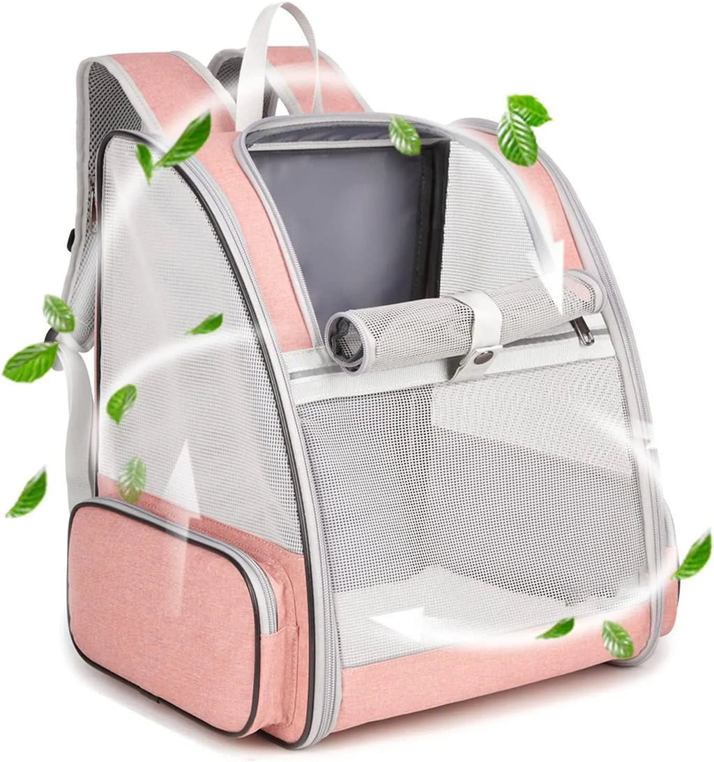 Grey or pink PVC mesh pet carrier backpack for cats and small dogs, 42cm x 31cm x 5cm, with chest buckles and removable mat