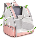 Grey or pink PVC mesh pet carrier backpack for cats and small dogs, 42cm x 31cm x 5cm, with chest buckles and removable mat