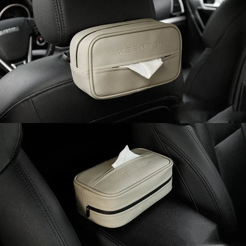 Black and beige PU leather hanging storage box for car, home and outdoor use.