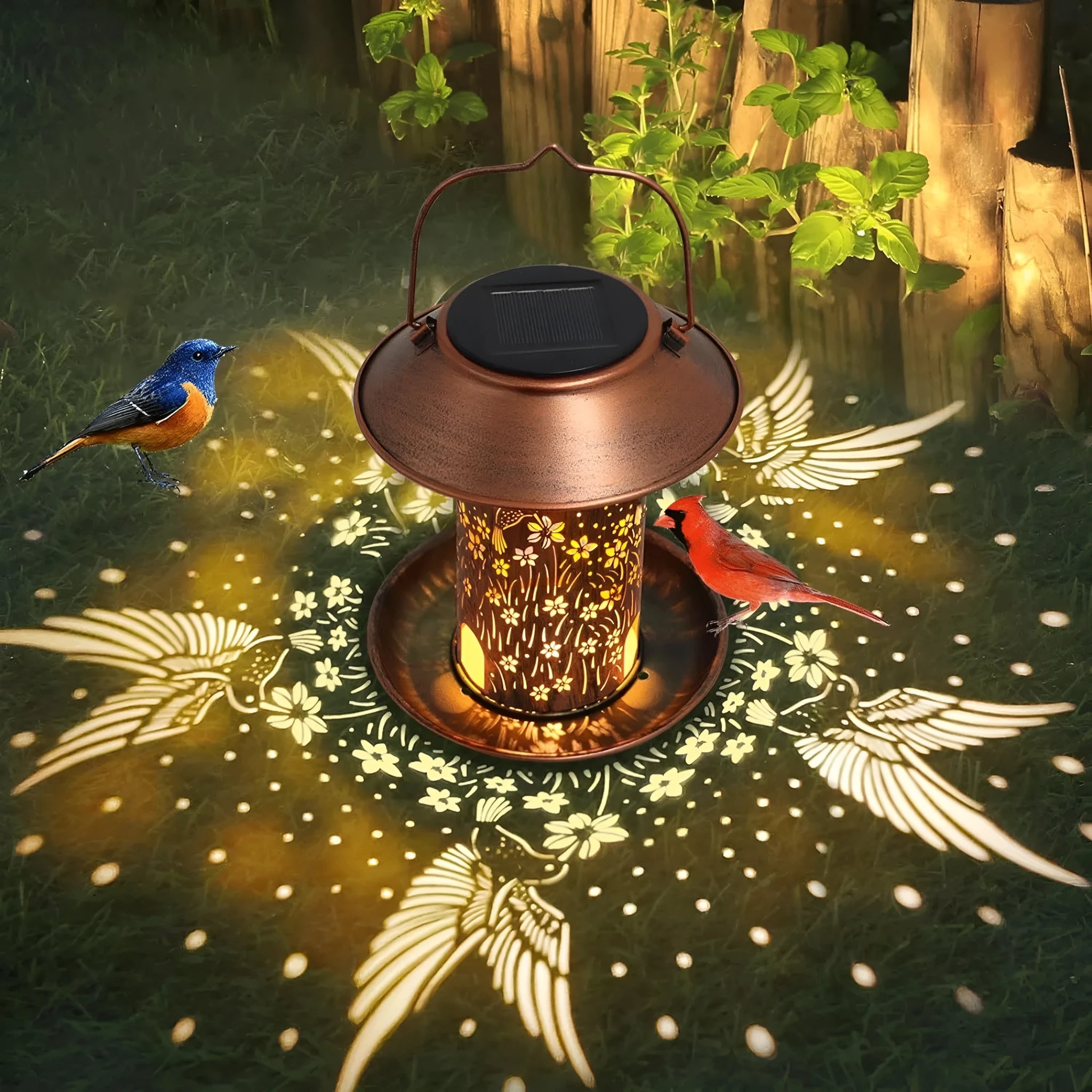 Solar-powered iron bird feeder with hummingbird pattern and built-in LED lamp for outdoor garden use