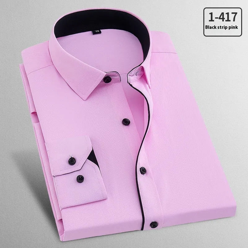 Men's long sleeve linen business shirt in pink diagonal pattern and solid red colour options