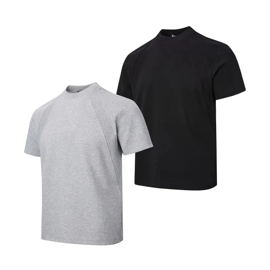 Loose fit short sleeve top with textured air layer stitching on polyester fabric.