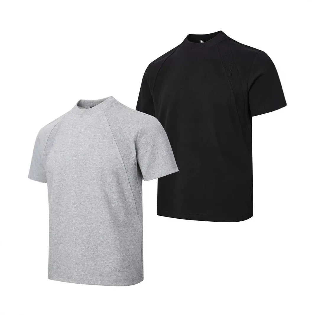 Loose fit short sleeve top with textured air layer stitching on polyester fabric.