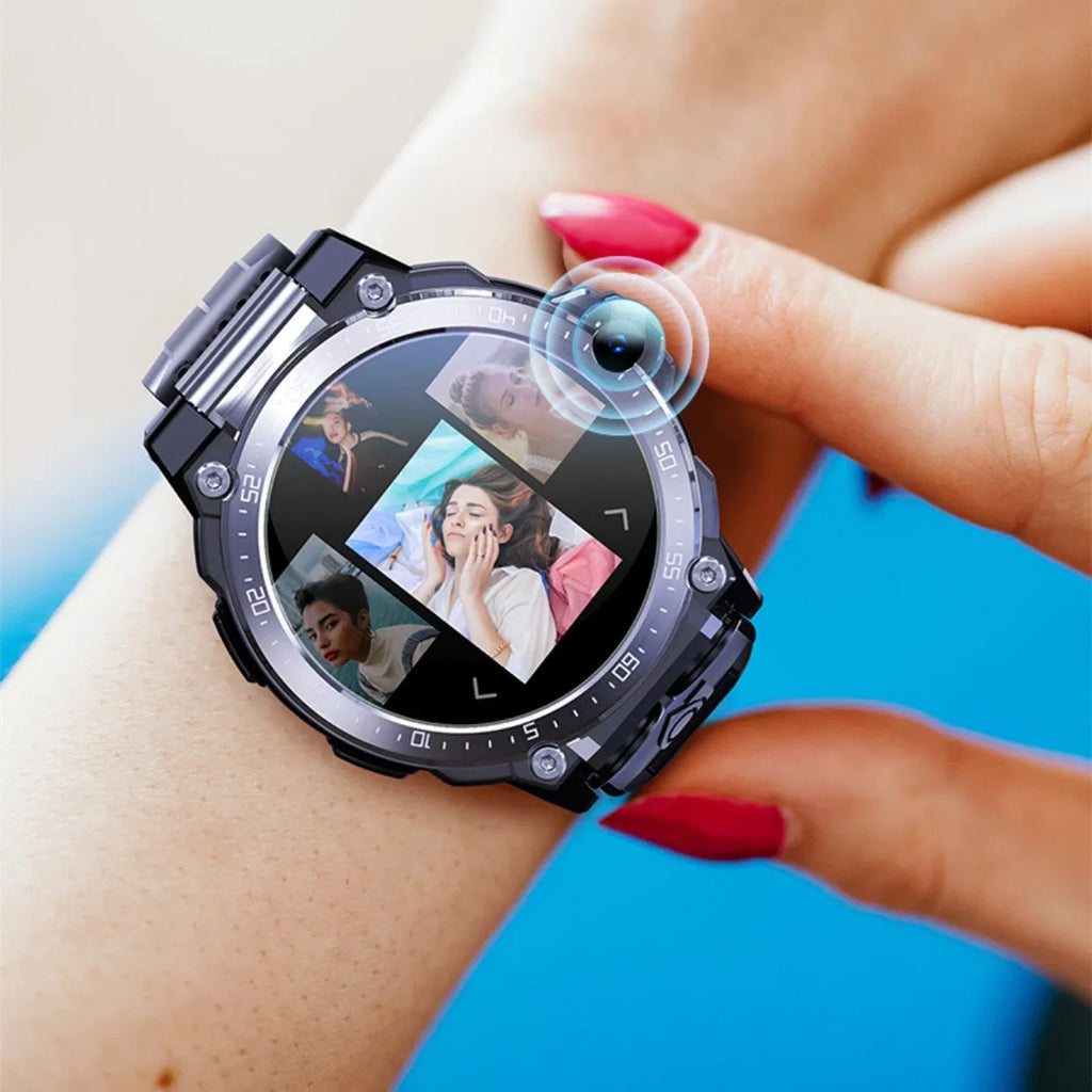 Black smart watch with round 1.6 inch screen and silicone strap, showing heart rate and blood pressure monitoring functions.