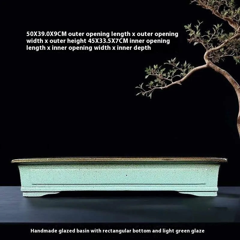 Green ceramic bonsai pot with handmade purple sand crackled glaze finish