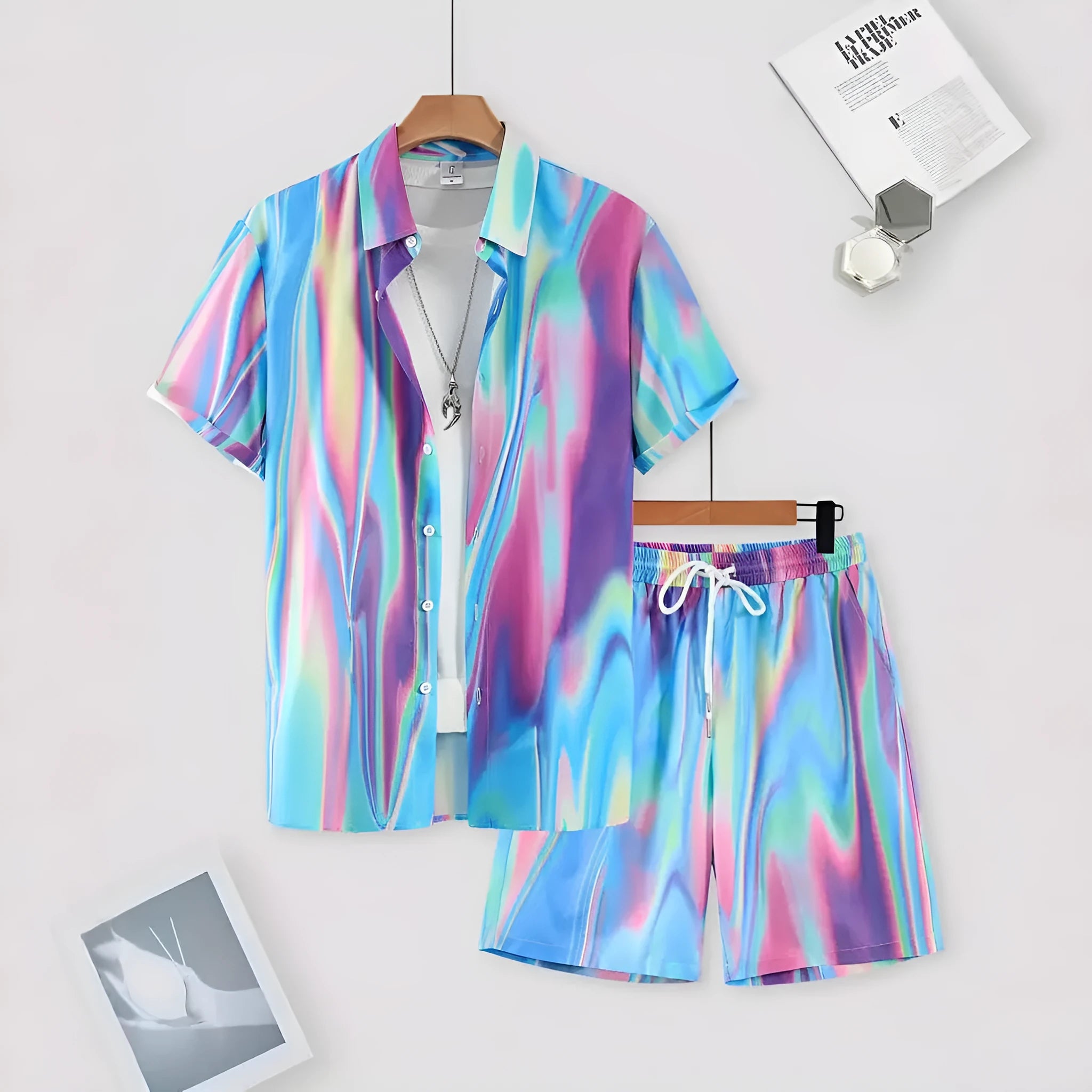 Men's wild printed short sleeve shirt and shorts set in a young casual style for summer leisure, polyester fibre blend fabric