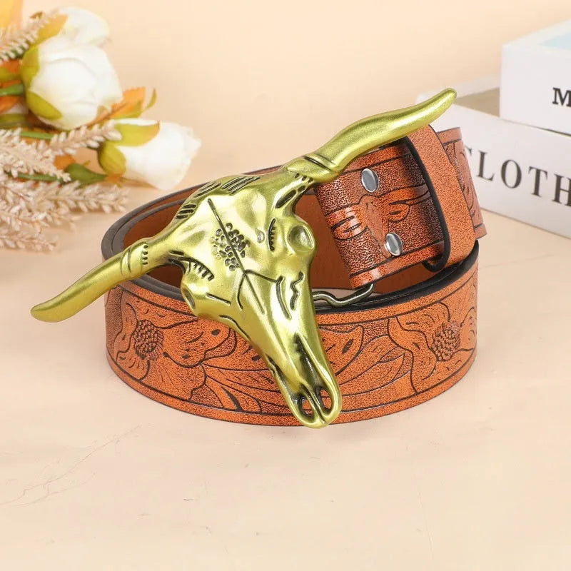 Men's belt with cow head buckle in imitation leather with alloy buckle