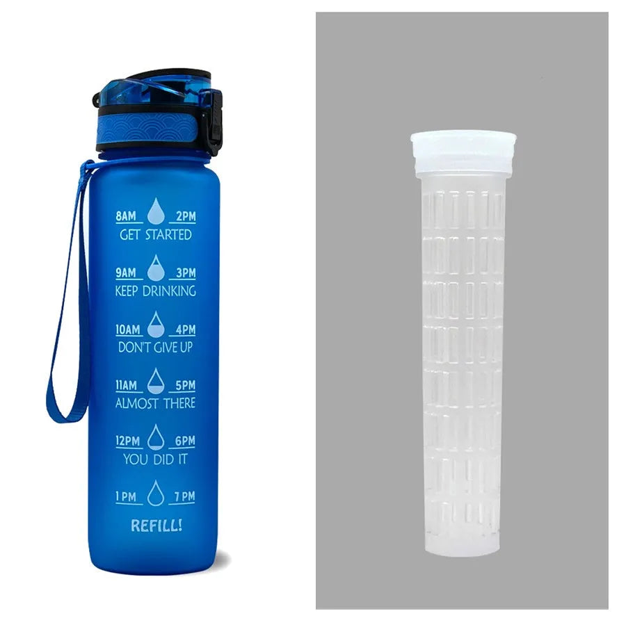 Blue and red gradient 1 litre Tritan sports water bottle with time markers and a black flip-top lid.