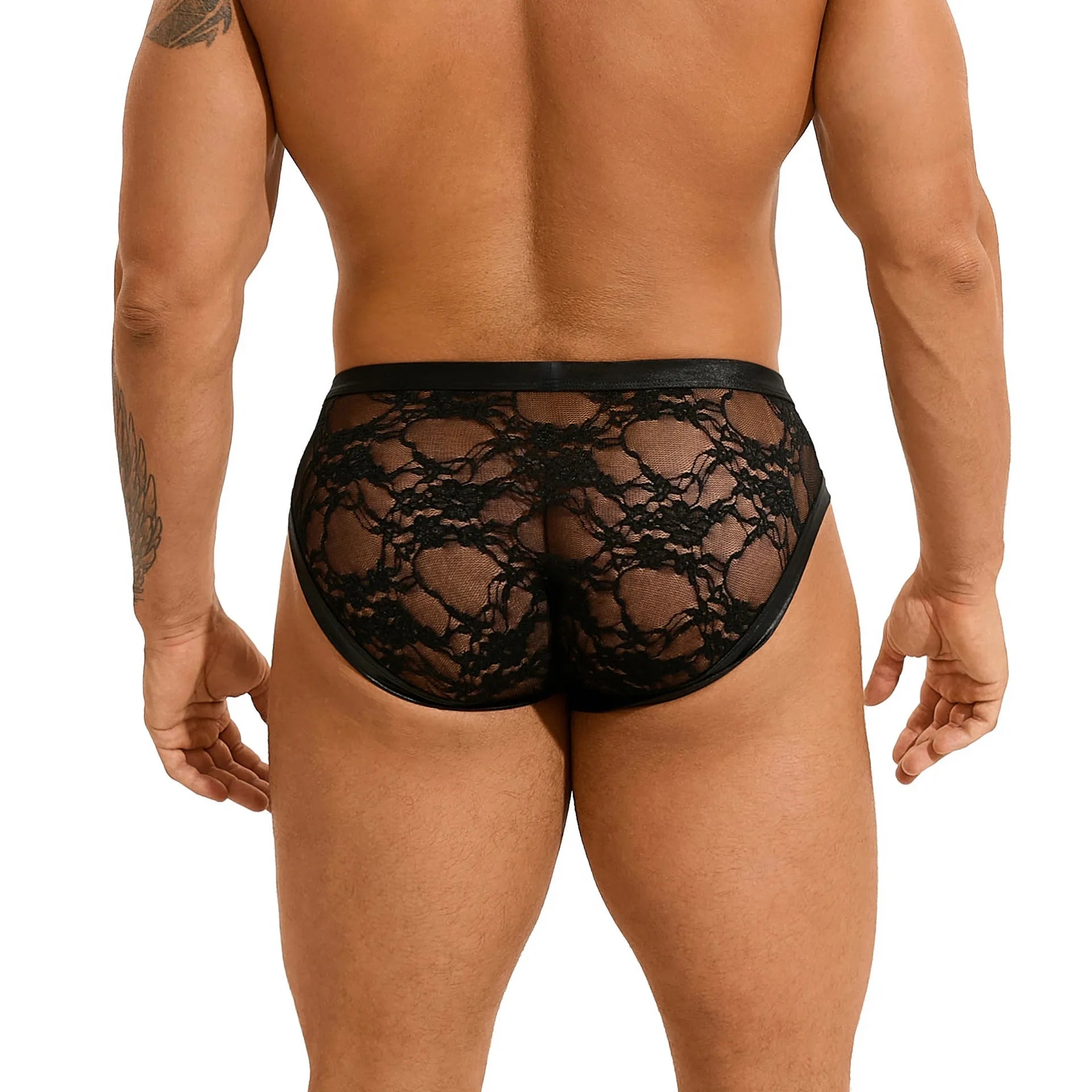 Black men's faux leather briefs with decorative lace trim and visible stitching details