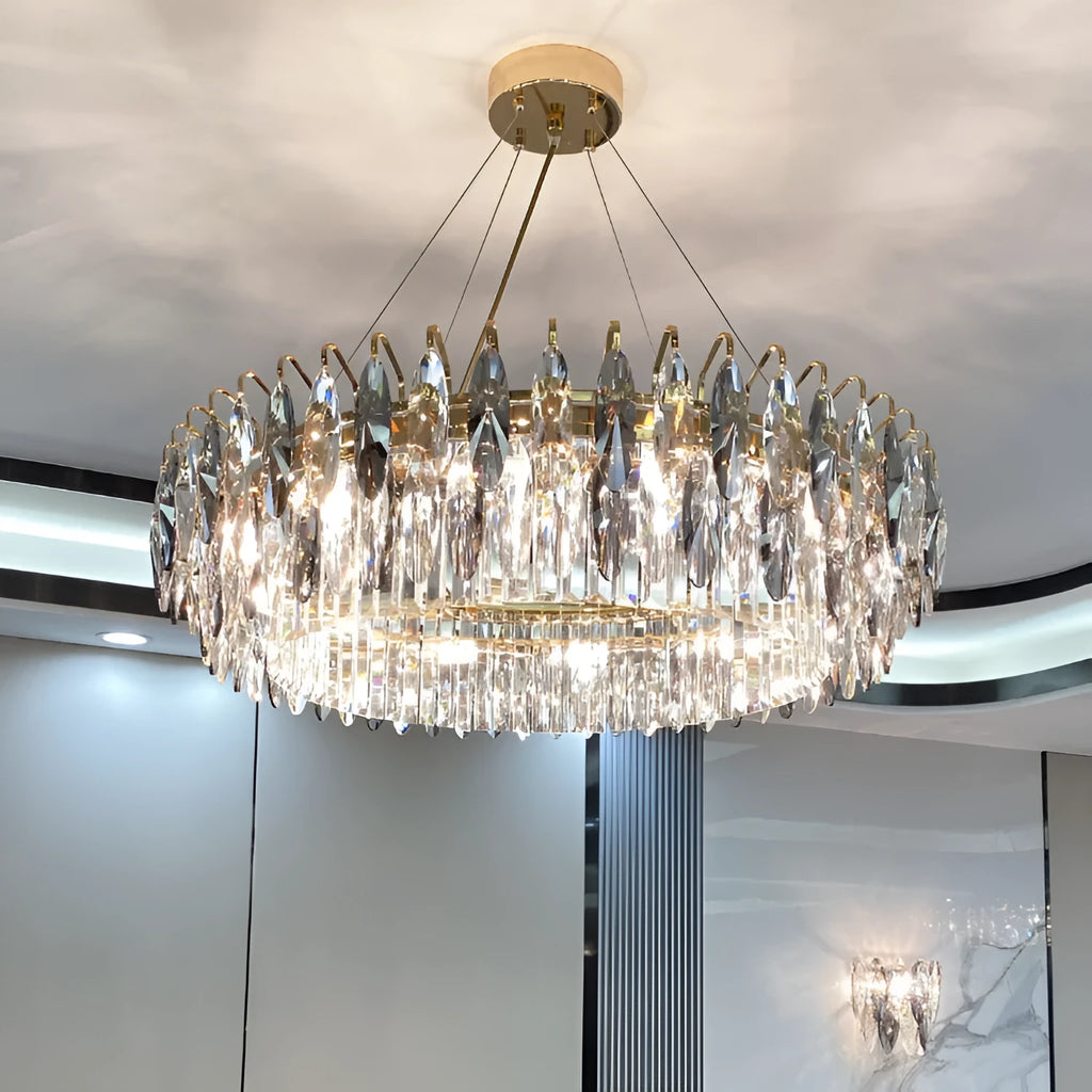 Crystal chandelier with iron body, LED light source, 220V, multi-head ceiling light in circular or elliptical size options.