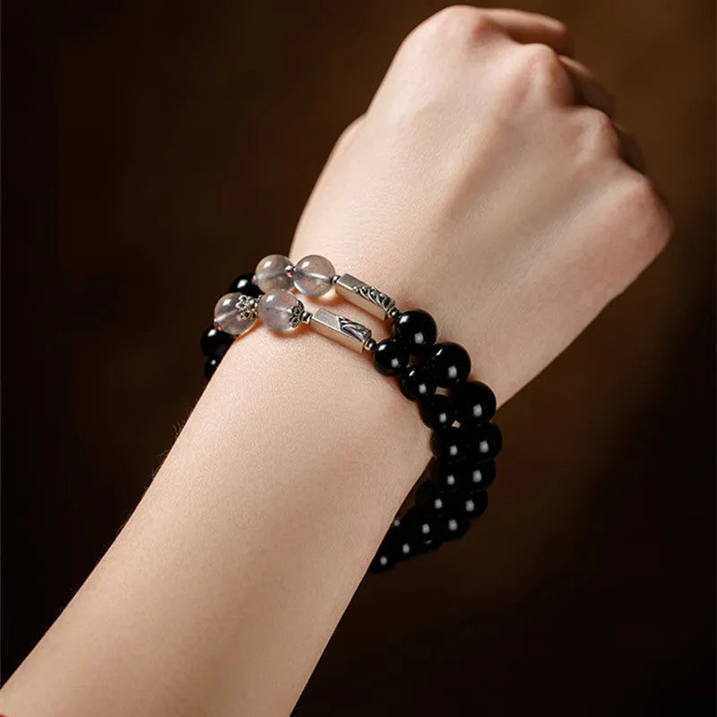 Obsidian Buddha beads couple bracelet DIY kit with 8mm and 10mm beads in national style design
