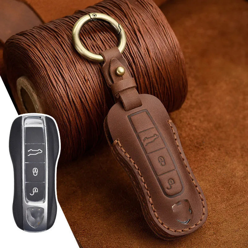 Genuine cowhide leather Porsche key cover in retro style for 3-key or 4-key fobs.