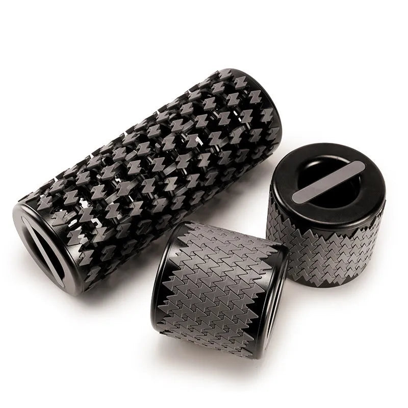 Adjustable telescopic foam roller in red colour showing extended and compacted positions