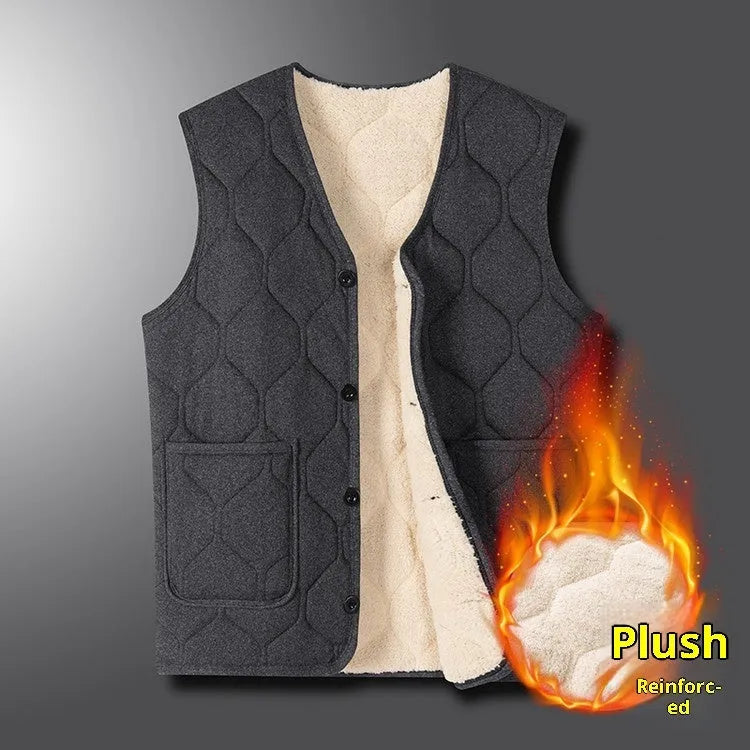 Men's fleece-lined cotton blend vest in black or grey, sleeveless cardigan style, sizes M to 4XL