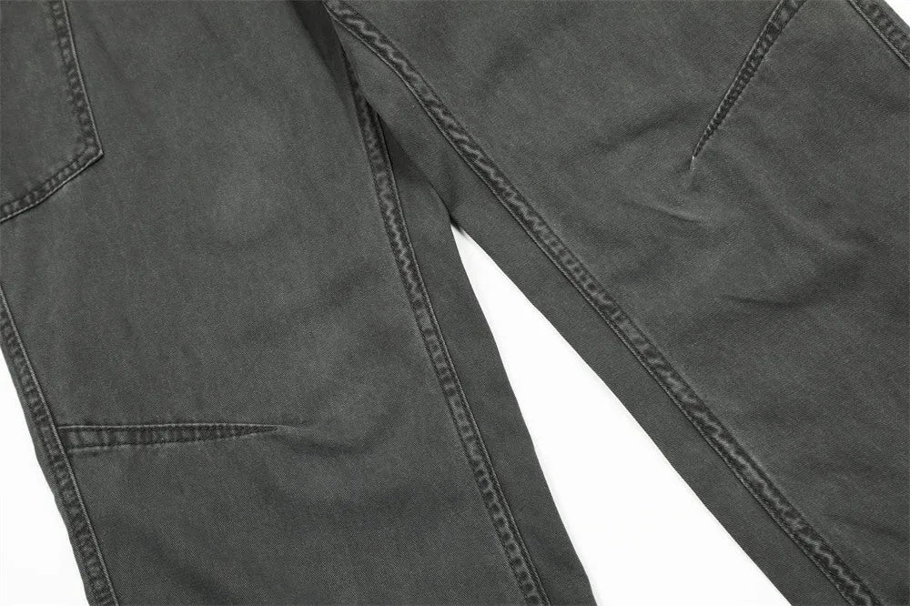 Mens loose fit denim work trousers in black, dark green, and smoky gray cotton fabric