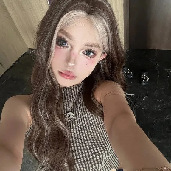 Long curly wig with gray golden highlights and lace base for natural hairline