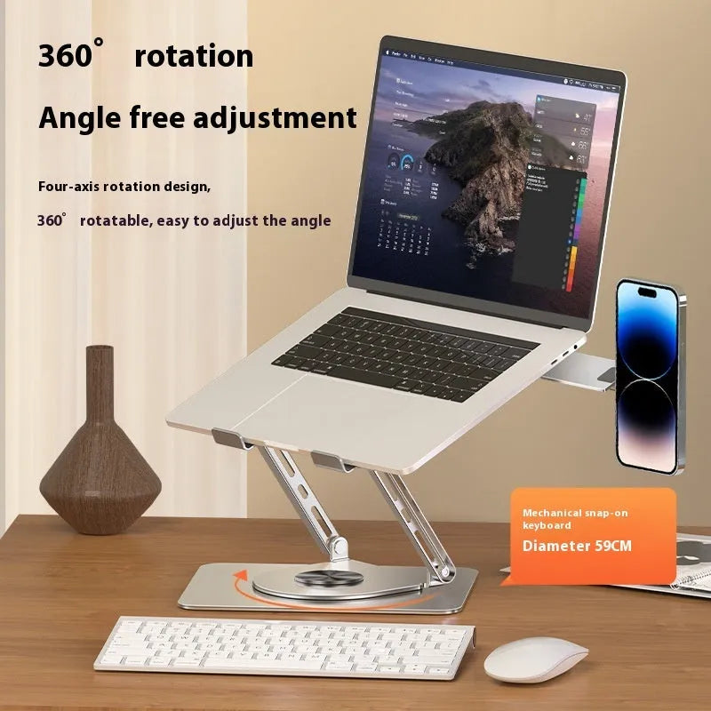 Silver carbon steel laptop stand with rotatable magnetic phone holder for 17-inch laptops