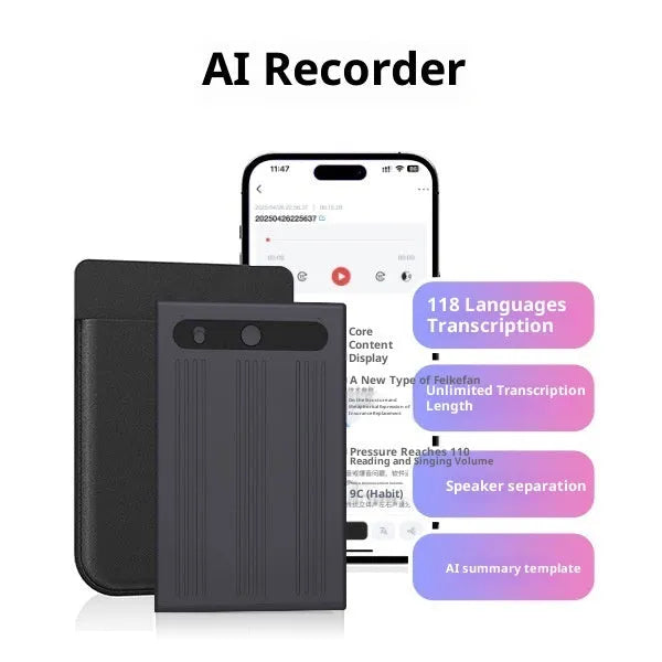 Ultra-thin dark purple grey voice recorder pen with aluminium alloy body, dimensions 86 x 55 x 3.2mm