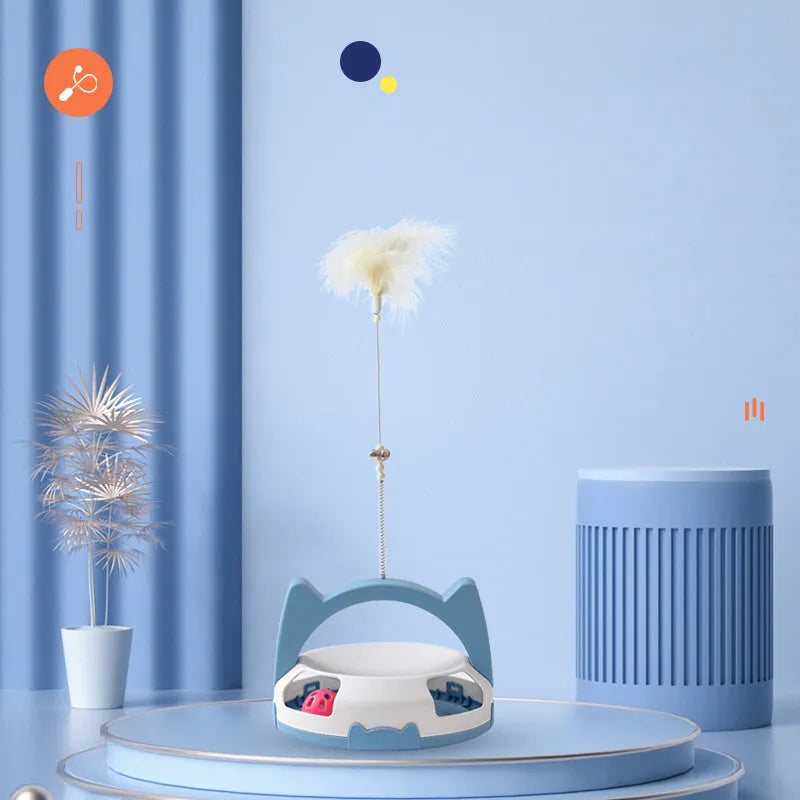 Bite resistant cat toy with spinning ball on stick in blue, blue pink, purple or yellow colours