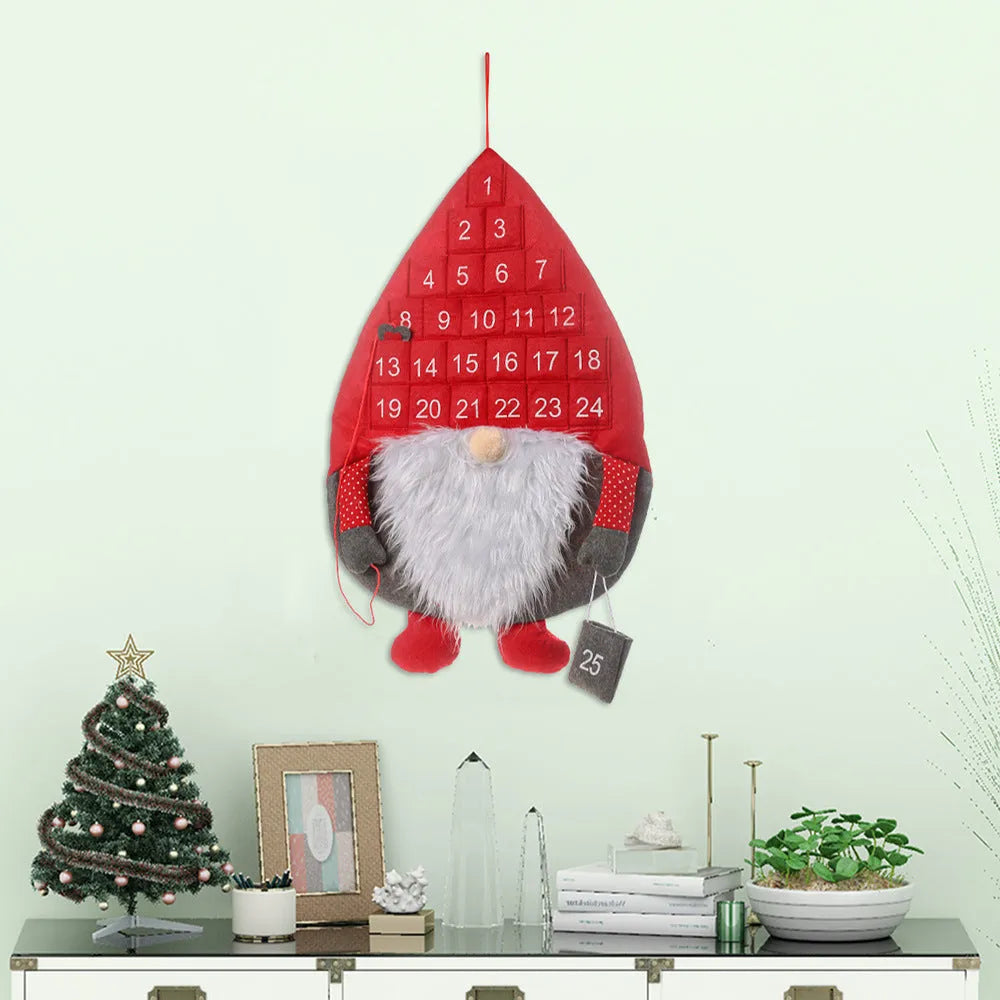 Christmas advent calendar with faceless Santa doll, non-woven fabric, hanging rope, red or grey hat