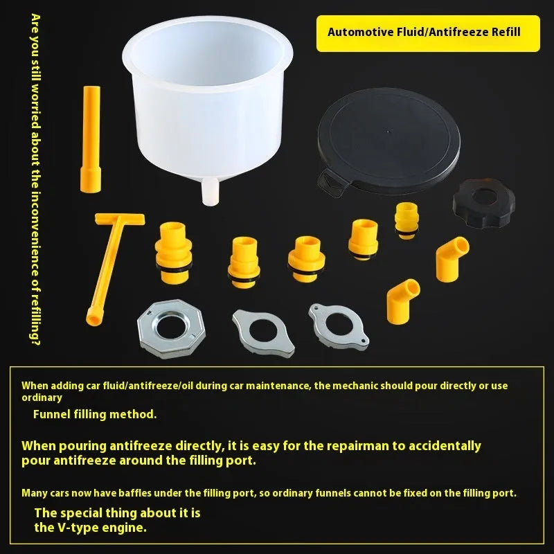15-piece plastic funnel set in assorted colours for coolant and antifreeze automotive repair