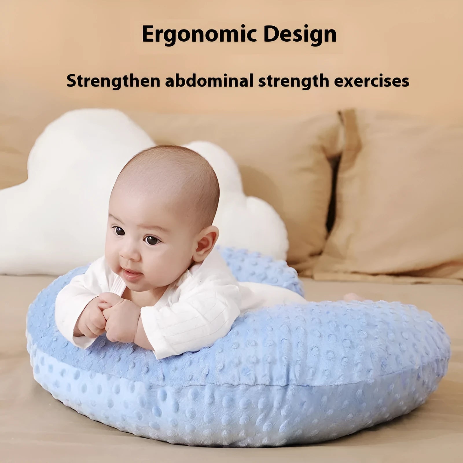 Grey multifunctional nursing pillow with milk spill prevention design on a neutral background