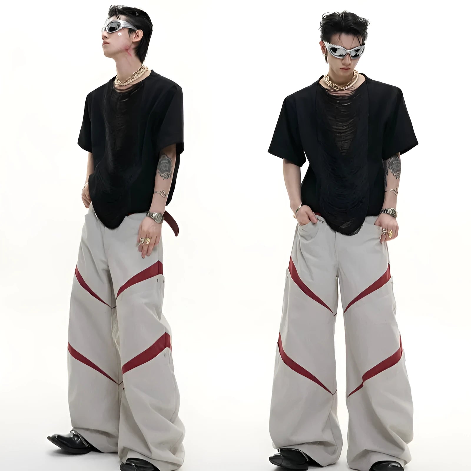 Men's black loose fit polyester t-shirt with V-neck and tassel details
