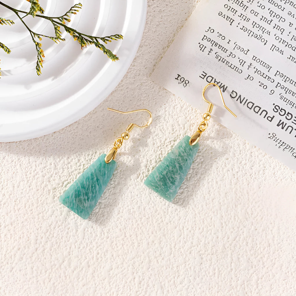 Amazonite trapezoid earrings with rough stone texture in gold and silver colours