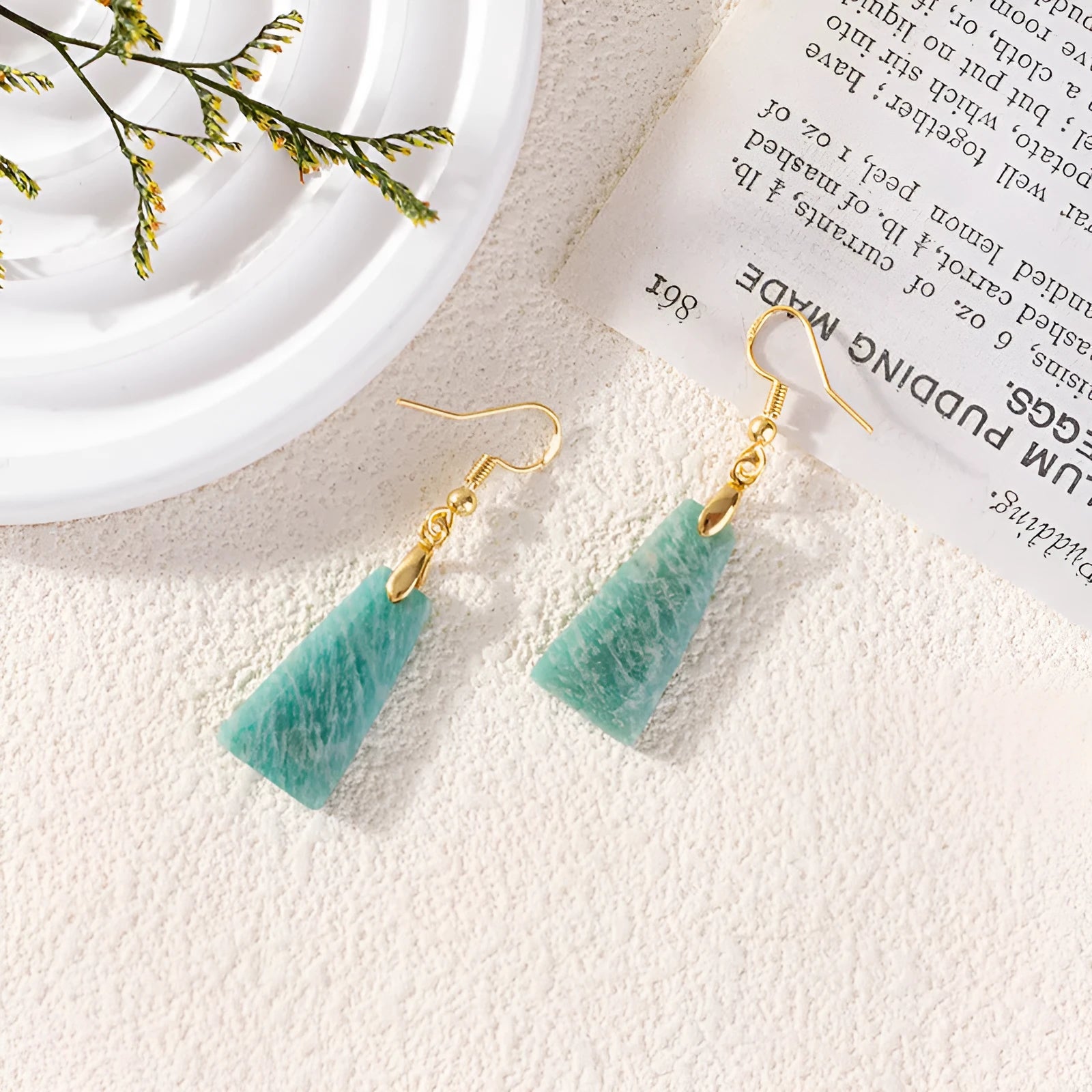 Amazonite trapezoid earrings with rough stone texture in gold and silver colours