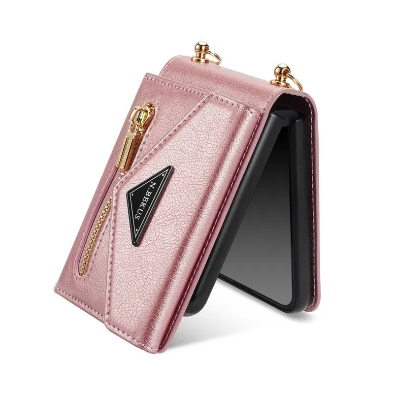 Samsung Galaxy Z Flip5 Flip4 Z Flip3 PU flip phone case with side zipper card holder in black