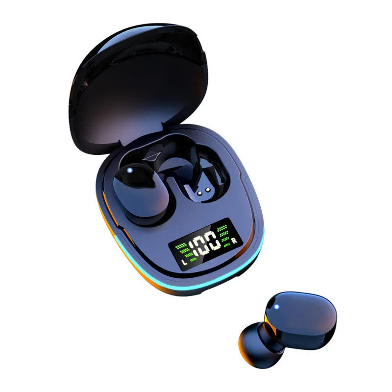 Black true wireless Bluetooth earbuds and magnetic charging case on a white background.