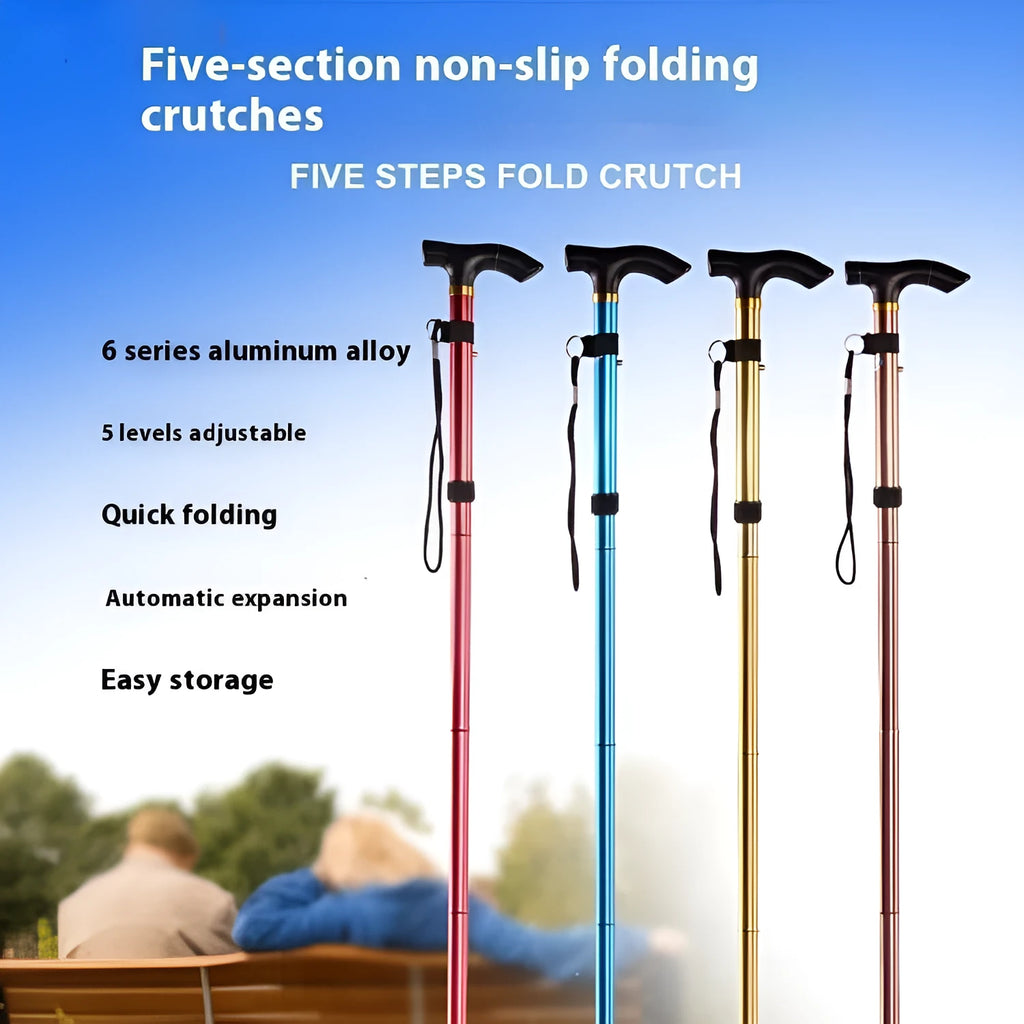 Aluminium folding walking cane extended to show adjustable shaft and textured non-slip handle.