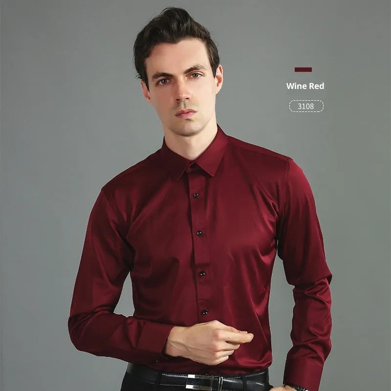 Casual four-way stretch long sleeve shirt in solid colour, slim fit cardigan style for weddings and business, polyester fibre blend