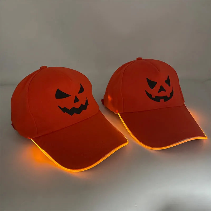 Halloween LED baseball cap showing light-up pumpkin design on black cloth material