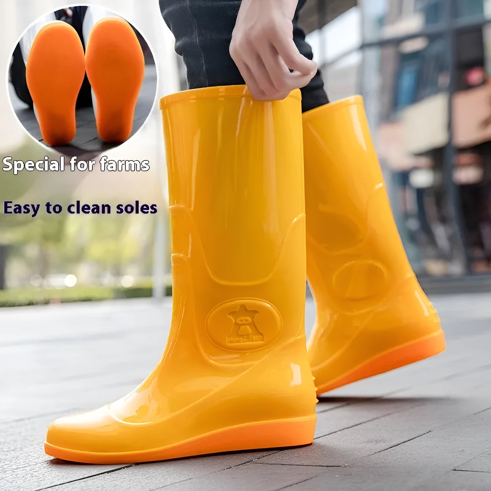 Men's flat washable plastic rain boot in white, showing high tube design and round toe.