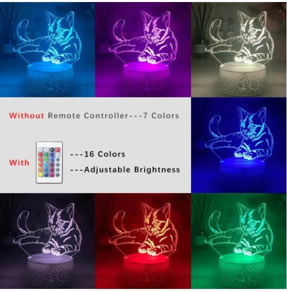Cat Series 3D acrylic desk lamp with USB cable on black base showing colourful gradient light